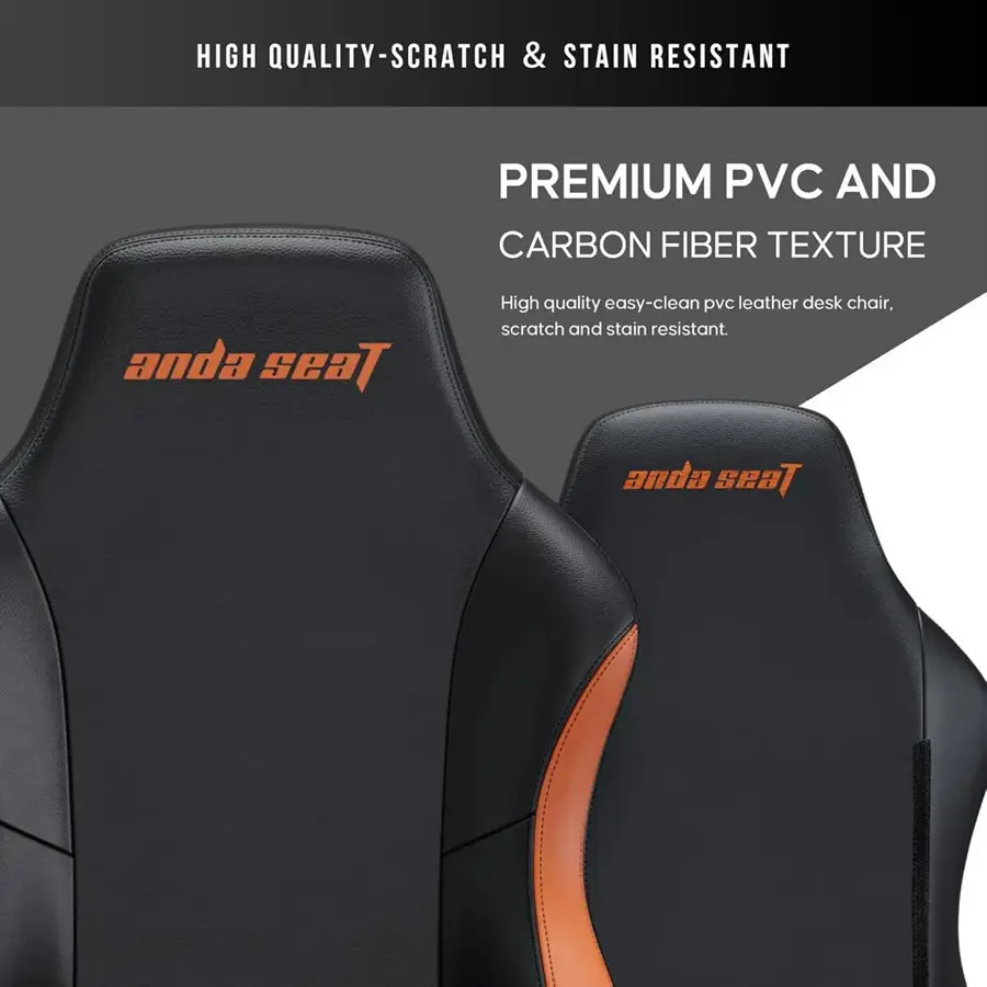Anda Seat Luna Large Gaming Chair | Ergonomic Reclining Design, PVC Leather, Heavy Duty Neck and Back Support, Rocking Function, Black and Orange, Free Shipping