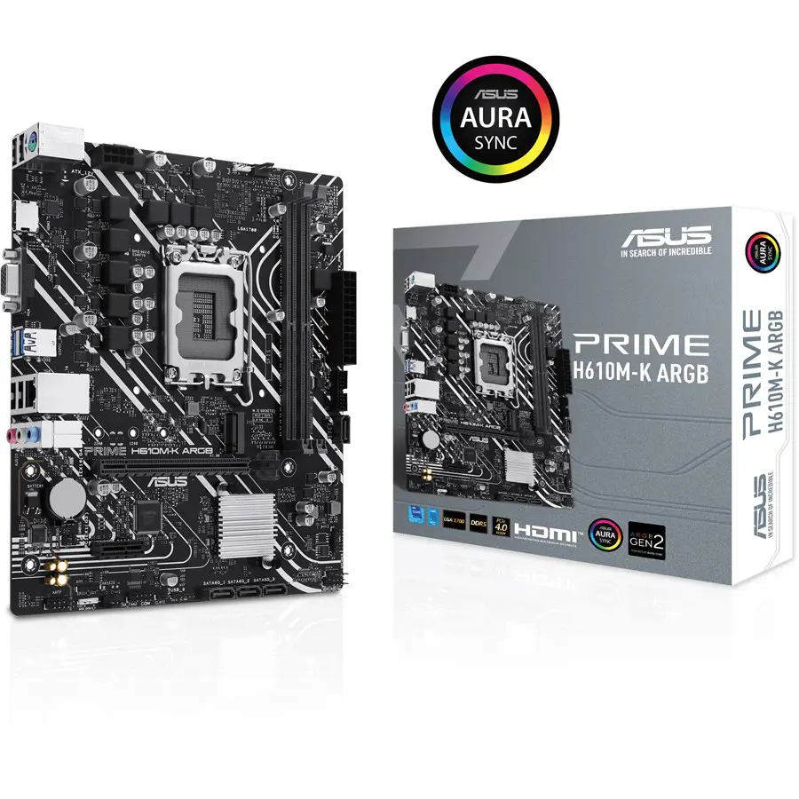 Asus PRIME H610M-K ARGB Intel H610 LGA 1700 Micro ATX Motherboard | DDR5, PCIe 4.0, M.2 Slot, Realtek 1Gb Ethernet, HDMI, VGA, USB 3.2 Gen 1, SATA 6 Gbps, Addressable Gen 2 Headers, Aura Sync