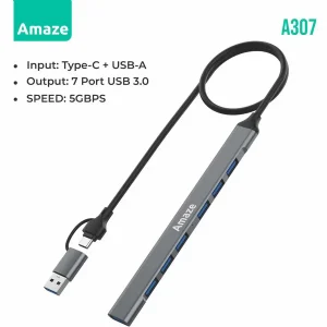 Amaze A307 USB + Type-C 7-Port USB 3.0 Hub | 5Gbps Speed, Dual Interface, Plug and Play