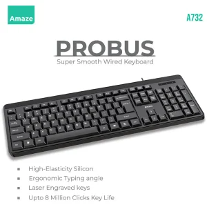 Amaze A732 Probus Super Smooth Ergonomic Wired Keyboard | Quiet Keystrokes, Ergonomic Typing Angle, USB 2.0