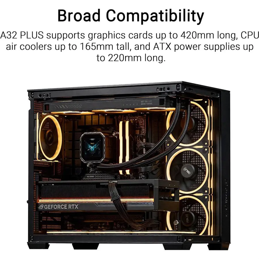 Asus A32 Plus TG ARGB Case Midtower ATX | Tempered Glass, 4 ARGB Fans, 360mm Radiator Support, USB 3.2 Gen 2 Type-C, 420mm GPU, Black - Image 3