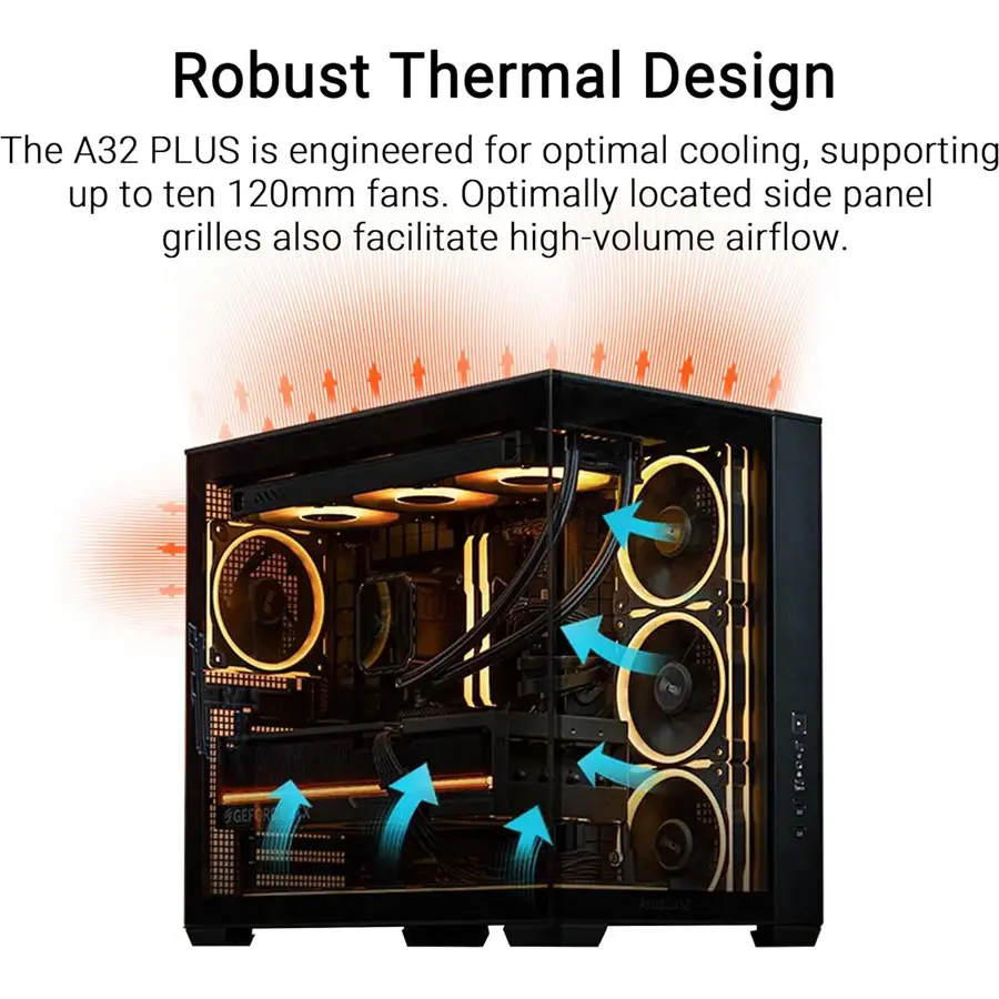 Asus A32 Plus TG ARGB Case Midtower ATX | Tempered Glass, 4 ARGB Fans, 360mm Radiator Support, USB 3.2 Gen 2 Type-C, 420mm GPU, Black - Image 4