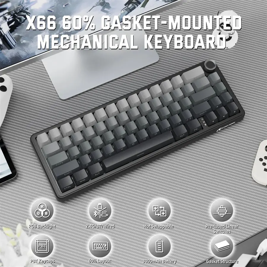 ATTACK SHARK X66 Wireless Mechanical Keyboard | 60% Layout, Hot-Swappable Strawberry Switch, Side Printed PBT Keycaps, Bluetooth 2.4G Type-C Wired, 3000mAh Battery, Moonlit Night - Image 3
