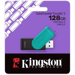 Kingston DataTraveler Exodia S USB Flash Drive | 128GB, USB 3.2 Gen 1, Swivel Cap, Black/Turquoise