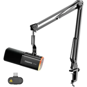 MAONO PD100WS Wireless Gaming Microphone Dynamic Streaming USB Mic, 2.4G Wireless and USB, 3 Level Noise Cancelling, RGB, Mute Button, Black