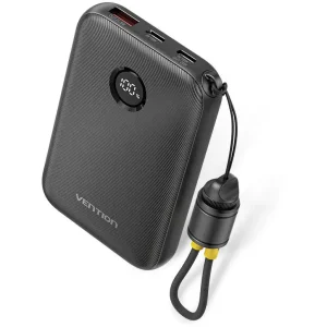 Vention 10000mAh Power Bank Pro Series | 22.5W, Built-In Cable, Charge 2 Devices, Air Travel Friendly, Black FKAB0-C